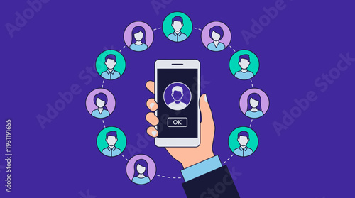 Human resource manager hand holding smartphone with user avatar icons connected in a circle on purple background, concept for recruitment management, social networking and digital communication