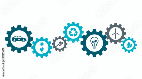 Teal and navy gear wheels with green energy icons including electric car wind turbine and recycling symbols, concept for sustainable development, environmental care and renewable management