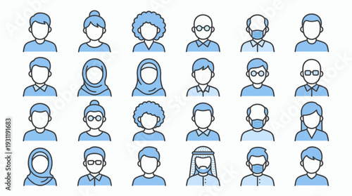 Collection of diverse professional user profile avatar line icons for corporate managers and office employees, concept for team management, human resources and business networking