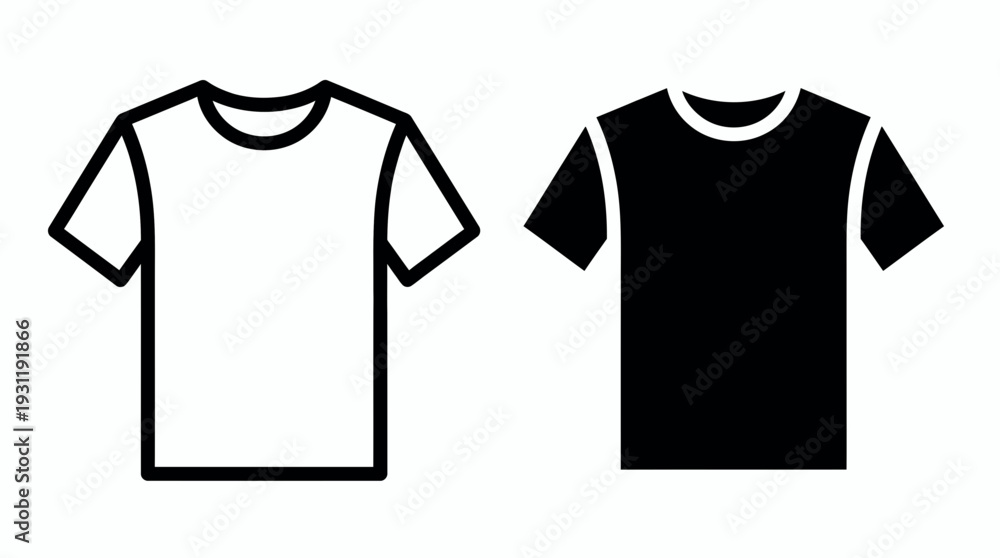 Naklejka premium Minimalist black and white t-shirt icons in outline and solid silhouette styles isolated on a white background, concept for apparel branding, merchandise design and e-commerce shop interface