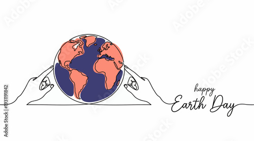 Continuous line art illustration of human hands holding the earth globe with happy earth day lettering, concept for environmental awareness, ecological protection and sustainability