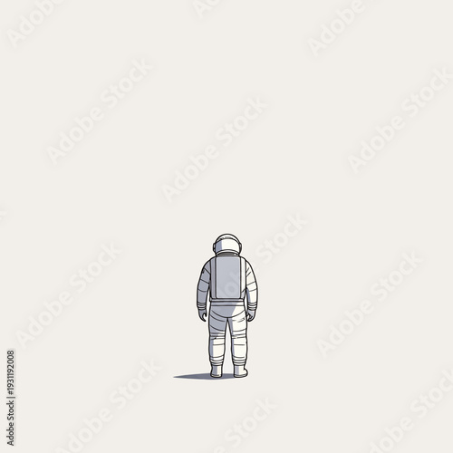 An astronaut stands still, looking up at a vast empty space. The scene shows the simplicity and wonder of space exploration.