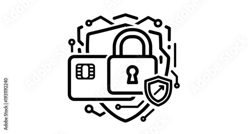 Secure credit card payment with digital protection and lock icon.