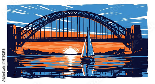 Sailboat passes under Sydney Harbour Bridge at sunset.