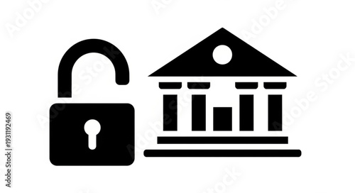 Open padlock next to bank building icon symbolizing security and access.