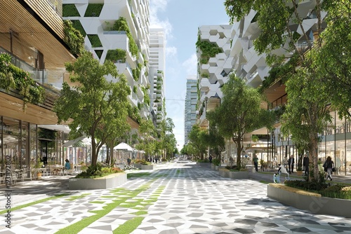 A pedestrian-friendly future city streetscape with modern architecture and abundant greenery.