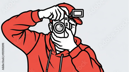 Person wearing a red hoodie and baseball cap taking a photo with a digital camera.