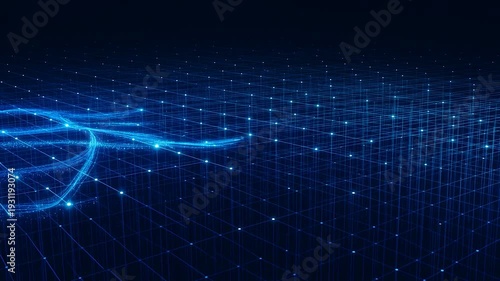 A futuristic digital landscape with glowing particles and a grid-like structure