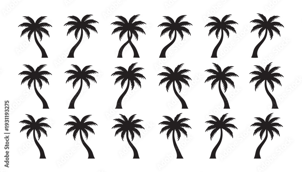 Fototapeta premium Collection of tropical palm tree silhouettes arranged in vertical composition