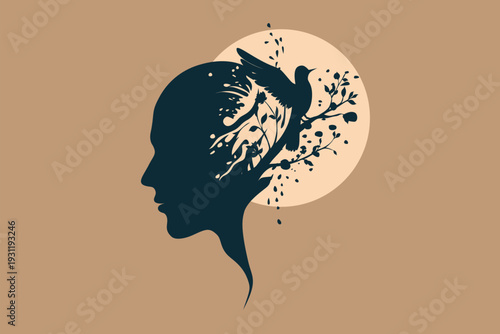 Head Silhouette with Flying Hummingbird and Flowers: Mind Flowering Growth, Freedom Progress