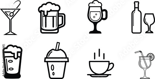 Set of drinks icons. Editable line icons. Vector illustration.