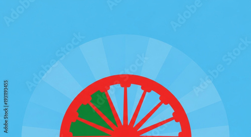 International Romani Day Vibrant half-wheel graphic with green segment and red spokes set against a radiating blue sunburst background, symbolizing movement and connection in an abstract design