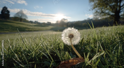 Fluffy dandelion seed head glowing in serene sunlit meadow landscape