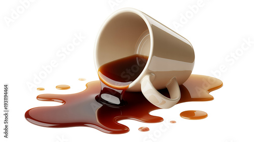 Beige coffee cup with brown liquid spilling on white background isolated on a transparent background