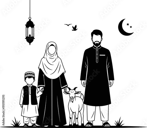 Muslim family standing with sacrificial goat for Eid al Adha celebration, traditional Islamic holiday event, religious sacrifice ritual illustration, monochrome vector,