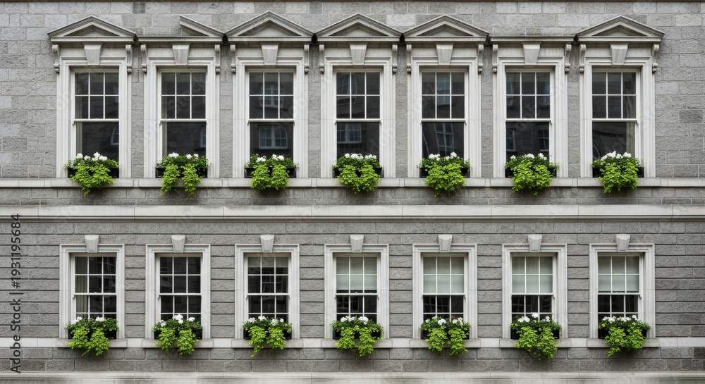 Fototapeta premium Symmetrical Building Facade with Rows of Windows Adorned with Flower Boxes, Showcasing Architectural Harmony and Urban Greenery in a Cityscape