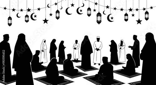 Muslim community praying together on mats under hanging Islamic lanterns and crescent moon stars, religious spiritual gathering vector illustration for Eid.