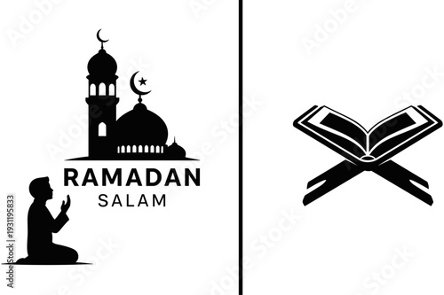 Ramadan Kareem silhouette with mosque, praying person, and Holy Quran icons, Islamic religious set for greeting cards, banners, and social media.