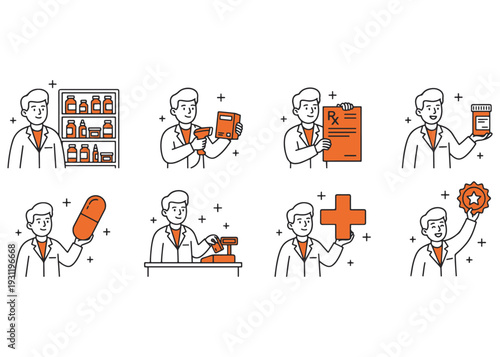 Pharmacist holding prescription and medicines with pharmacy shelving and equipment