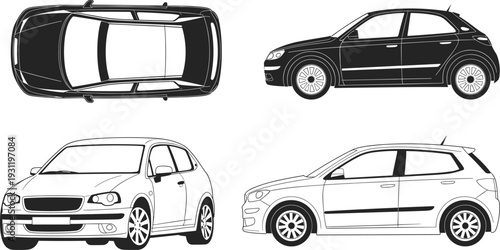 Compact hatchback car vector illustration, multiple perspectives including side, top, and angled views, automotive design silhouette for marketing, education, transportation, vehicle concept art