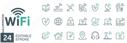 Editable stroke WiFi and network connection line icons with teal accent