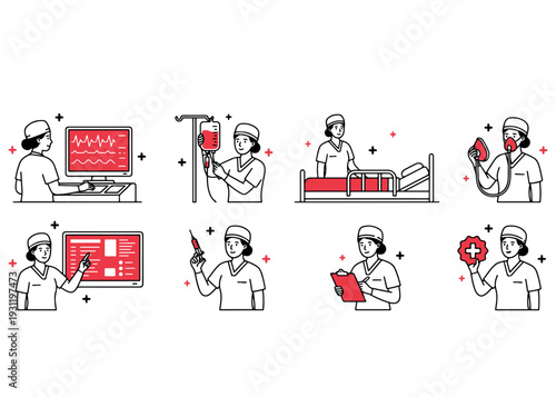 Nurses working with medical equipment and patient bed in hospital illustration