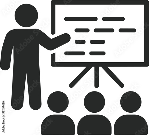 Teacher presenting on a whiteboard to an audience of students icon education teaching