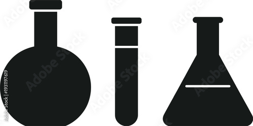 Three Black Icons Of Laboratory Glassware Including A Round Bottom Flask test tube Erlenmeyer flask