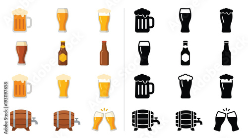 A comprehensive collection of beer-related icons in both colorful and black silhouette styles, featuring mugs, glasses, bottles, barrels, and clinking glasses for celebration.