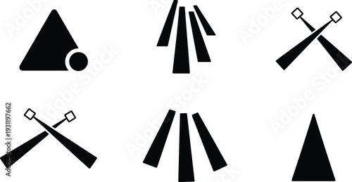 Billiards and pool game icons set isolated on light background, triangle rack balls and crossed cues silhouettes for sports club logo design