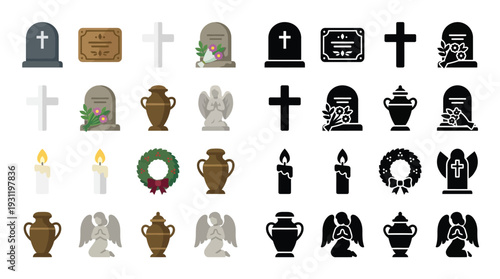 Collection of funeral and remembrance icons including gravestones, crosses, urns, angels, candles, and wreaths in flat and silhouette styles.