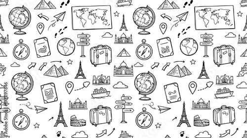 Hand drawn geography and travel seamless pattern with world landmarks and exploration icons
