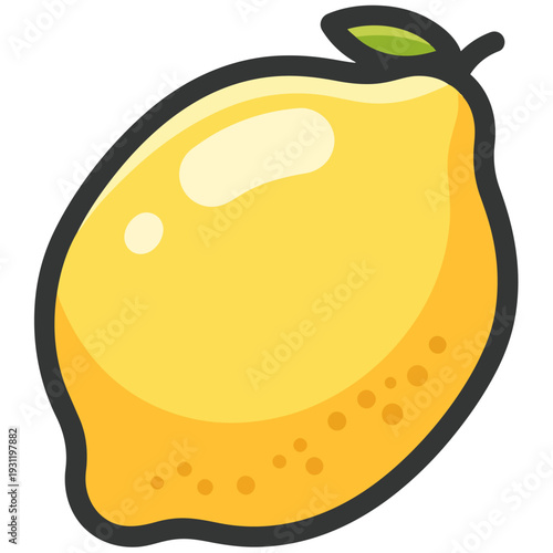 Vibrant yellow cartoon lemon with a green leaf and dark stem, depicted in a simple, clean illustration style.