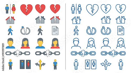 A comprehensive set of flat and line icons illustrating concepts of divorce, separation, broken relationships, and legal proceedings.