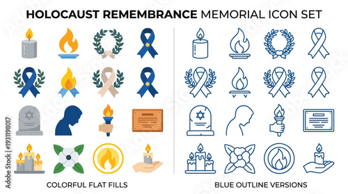 Holocaust Remembrance Memorial Icon Set featuring candles, flames, wreaths, ribbons, gravestones, silhouettes, torches, and certificates in colorful flat fills and blue outline versions.