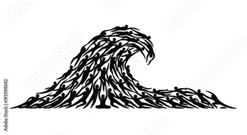 A powerful wave formed by a multitude of people rising together, symbolizing unity and collective strength.