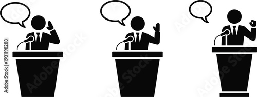 Three Figures Speaking at Lecterns with Speech Bubbles and Raised Hands lecture presentation