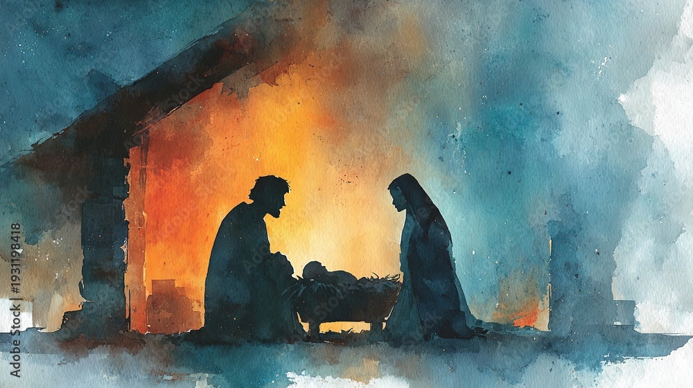 Obraz premium Nativity scene in Bethlehem watercolor painting showing holy family with baby Jesus in wooden manger Joseph and Mary together. 