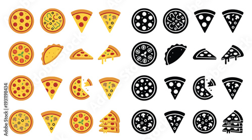 Collection of colorful and monochrome pizza slices, whole pizzas, and tacos, presented in a grid layout.