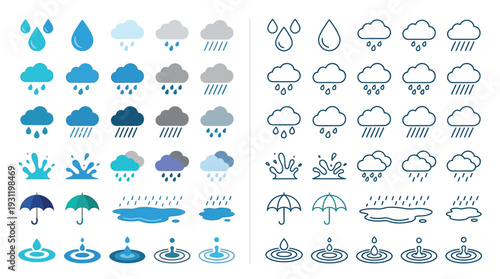 Collection of weather-related icons depicting rain, clouds, water splashes, puddles, and umbrellas in various styles.