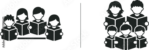 Two black and white icons depicting groups of children reading books education learning