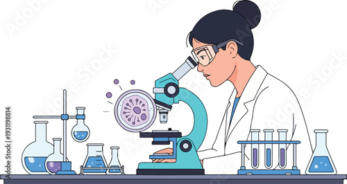 Scientist examines microscopic sample in laboratory setting with various equipment nearby