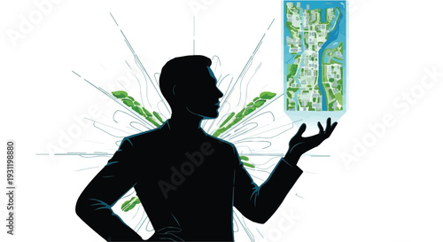 Man in silhouette holding a holographic city map, envisioning future urban development.