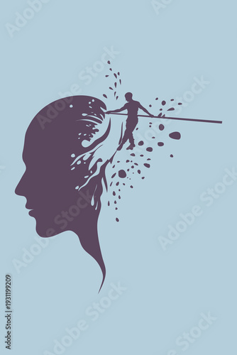 Tightrope Walker Balancing in Head Silhouette: Mind Balance, Trauma Freedom, Growth Progress