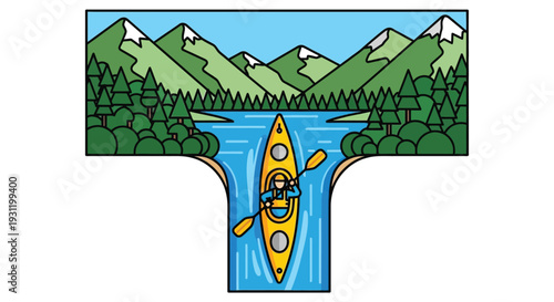 Stylized illustration of a person kayaking on a river surrounded by a lush forest and majestic mountains under a clear sky.