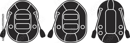 Inflatable rubber boat top view silhouettes with paddles isolated on light background, rafting and water sport raft icon set for outdoor adventure design