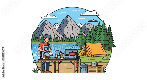 A person cooking at a scenic lakeside campsite with mountains, trees, and a tent, enjoying outdoor leisure and nature.