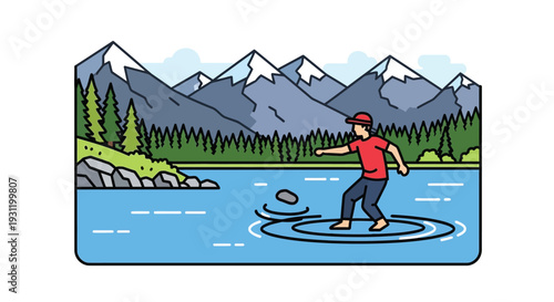 A person skipping a stone on a calm lake with mountains and a forest in the background, illustrating a peaceful outdoor activity.