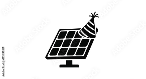 Celebratory solar panel wearing a party hat, symbolizing renewable energy success and innovation.