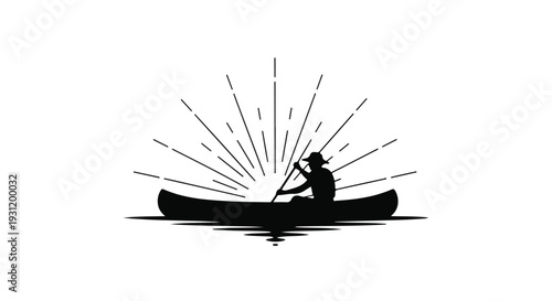 Silhouette of a person canoeing with a sunburst effect behind them, symbolizing adventure and nature